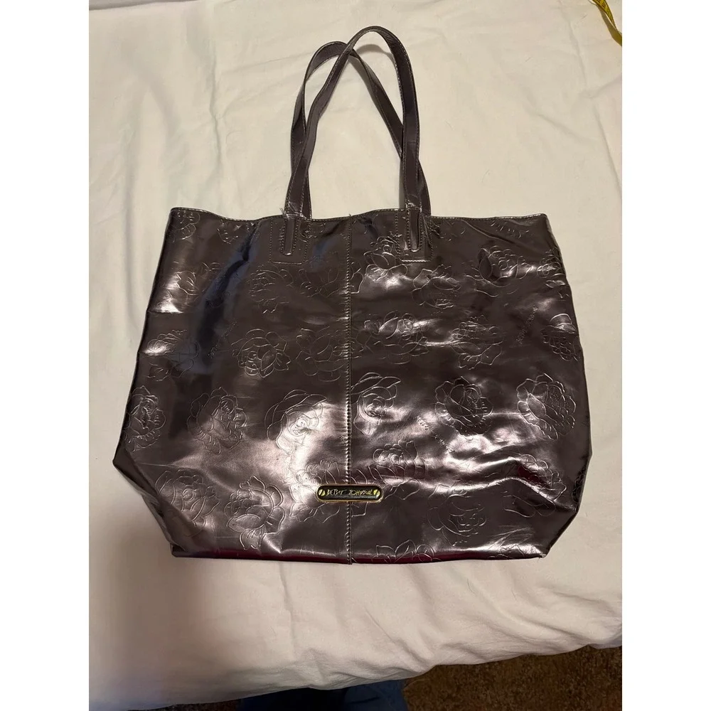 Betsey Johnson Gunmetal Metallic Embossed Rose Tote Bag Red‎ Graphic Lining